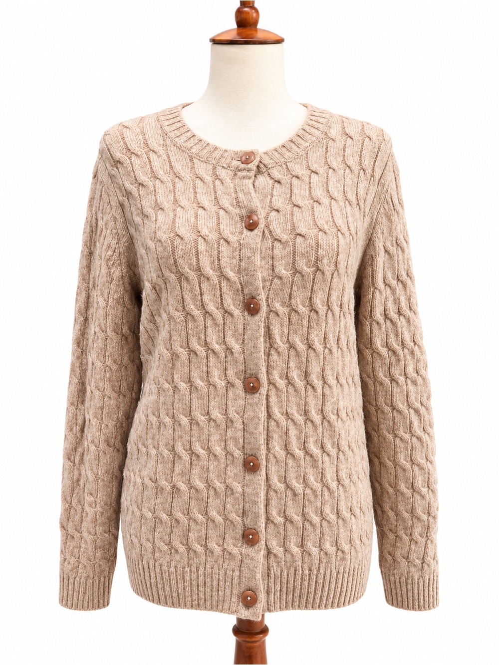 Appleseeds 100% Wool Classic Cable-Knit Button Cardigan Sweater - Beige M